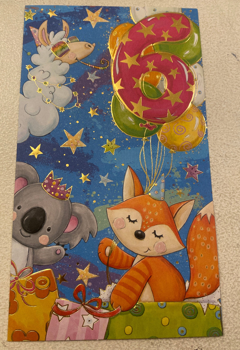 Kort til 6-års fødselsdag – Dyr og tallet 6
Sødt kort med motiv af dyr og tallet “6”. Perfekt til den lille fødselar på 6 år.
Måler 9,6 x 17,4 cm og leveres med kuvert – en charmerende og festlig hilsen til fødselsdagen.