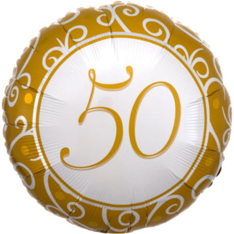 Folieballon “50 år” – 43 cm. Perfekt pynt til guldbryllup. Elegant ballon med gyldne detaljer. Kan fyldes med luft eller helium.