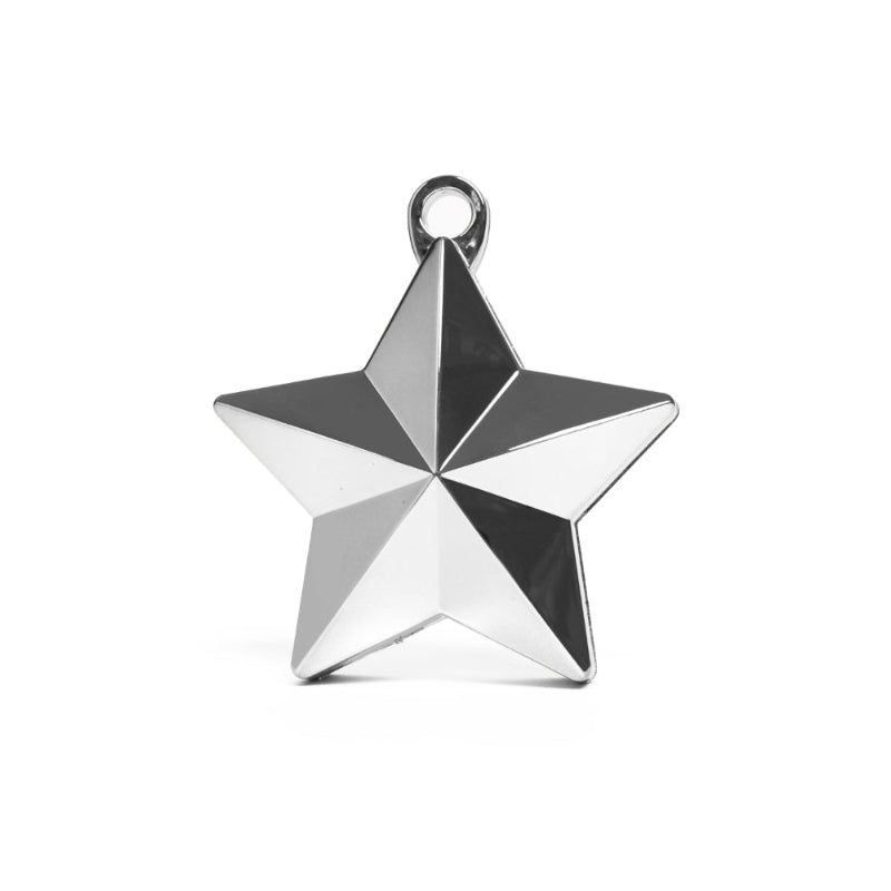 Elegant ballonvægt i stjerneform og metallic sølv. Holder dine heliumballoner sikkert og pynter smukt til enhver fest. Vejer 170 g.