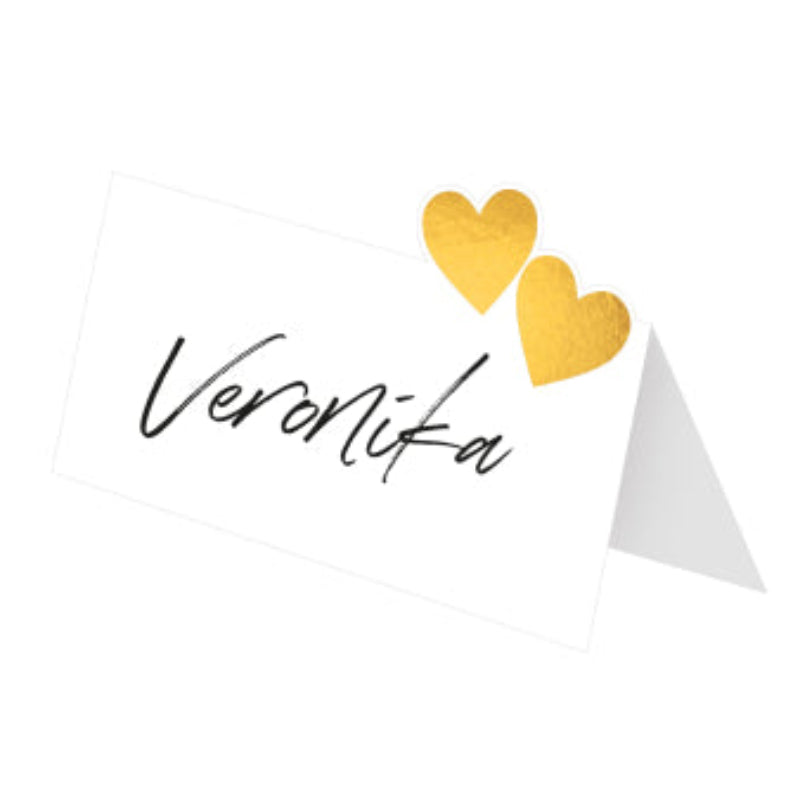 Bryllupsbordkort med gyldne hjerter og folietryk – 8 stk. Foldbare og elegante til festlig borddækning.