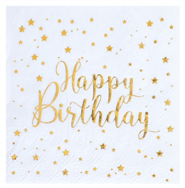 Elegante hvide servietter med gylden Happy Birthday-tekst. 25 x 25 cm, 3-lags papir. 20 stk. – ideelle til enhver fødselsdag.