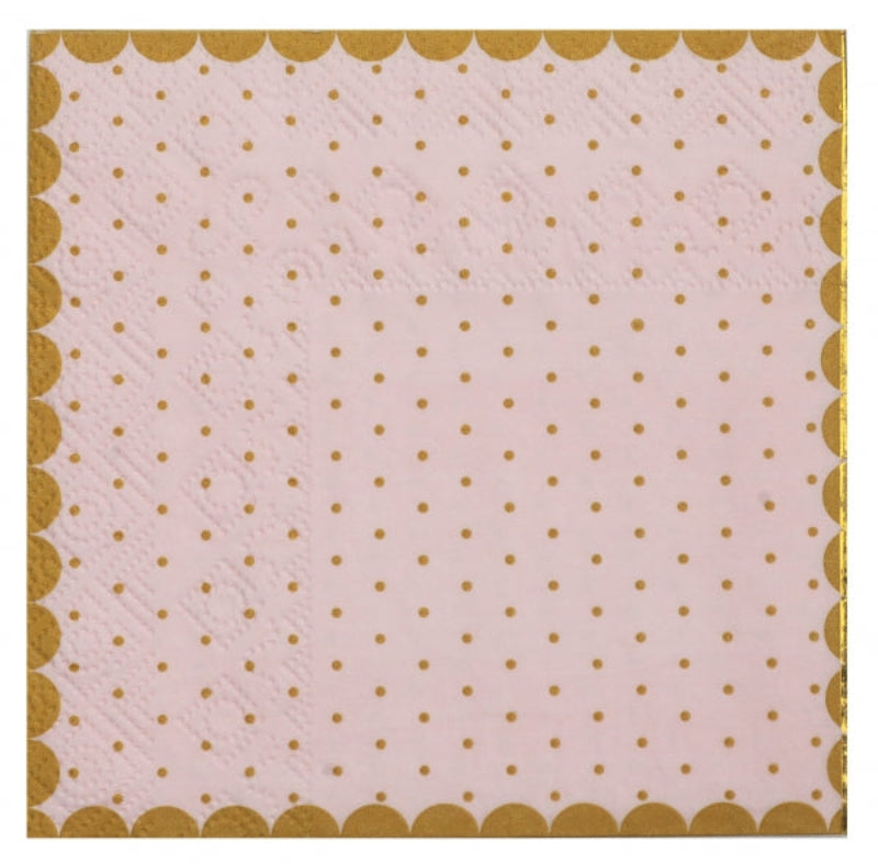 Lyserøde papirservietter med guldkant og guldprikker. 3-lags, 25 x 25 cm. Pakke med 20 stk. – ideelle til dåb, babyshower og fest.