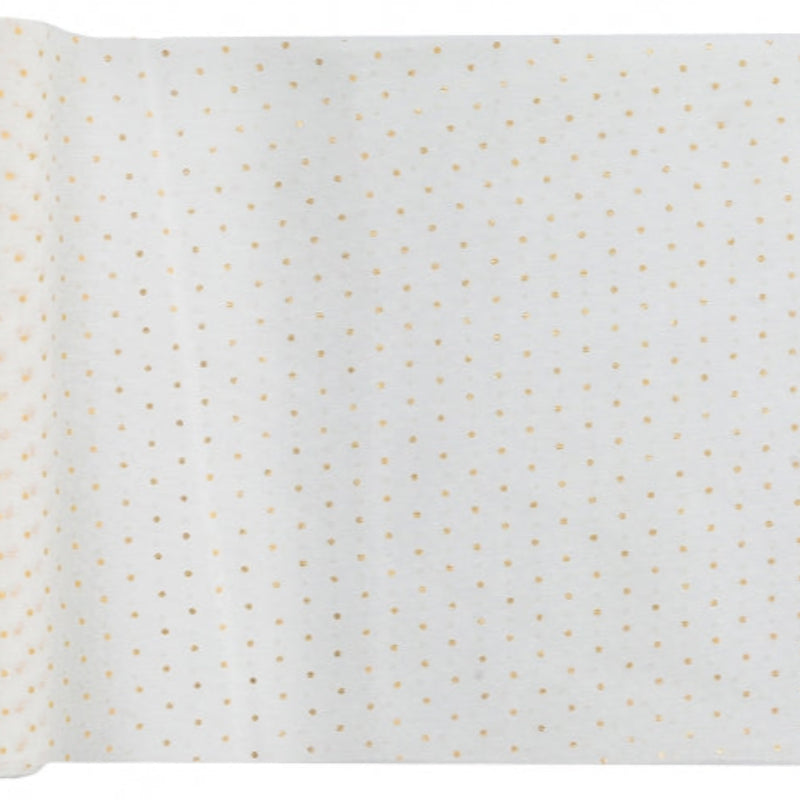 Hvid bordløber med guldprikker. 26 cm bred og 3 meter lang – elegant og let pynt til bryllup, dåb og festlig borddækning.