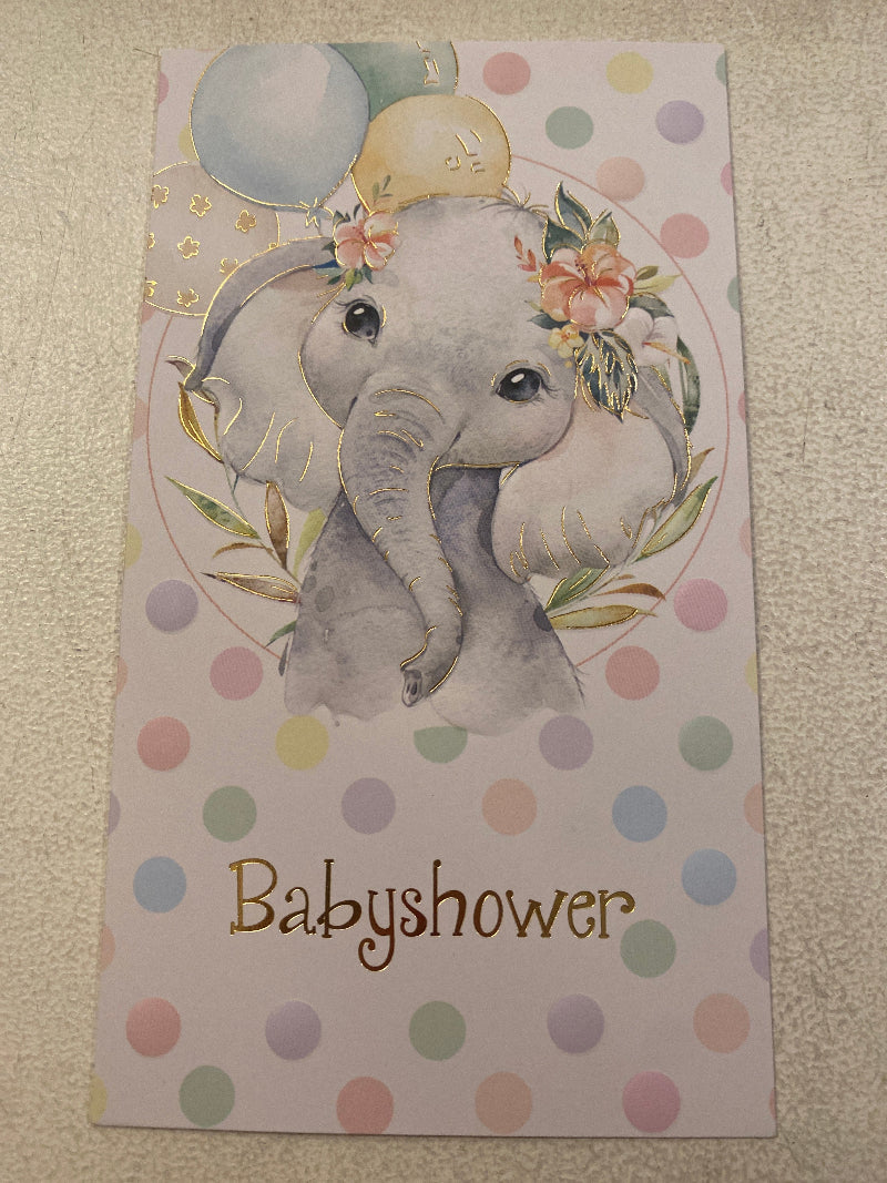 Babyshower kort måler 9,6 x 17,4 cm og er det perfekte valg til en personlig hilsen.