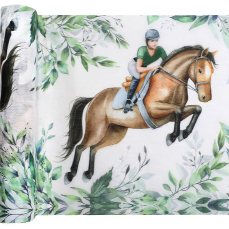 Dekorativ bordløber med hestetema i non woven polyester. Perfekt til børnefødselsdag eller ridefest. 30 cm bred, 5 meter lang.