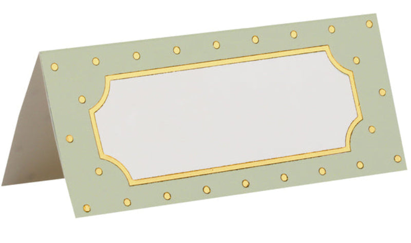 Lysegrønne bordkort med guldkant og guldprikker. 7 x 3 cm, 10 stk. – perfekt til konfirmation, bryllup og forårsarrangementer.