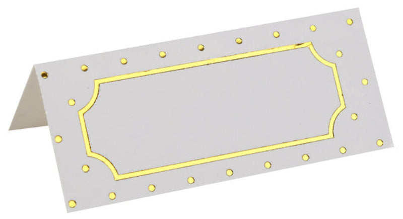 Smukke hvide bordkort med guldkant og guldprikker. 7 x 3 cm, 10 stk. pr. pakke – perfekt til bryllup, konfirmation og festlig opdækning.