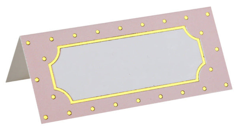 Hvide bordkort med lyserøde prikker og kant. 7 x 3 cm, 10 stk. â søde og elegante til dĂĽb, babyshower og festlige anledninger.