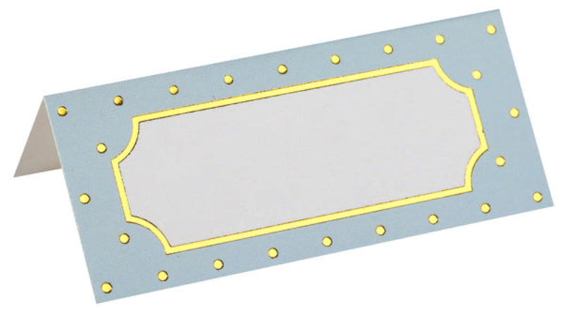 LyseblĂ„ bordkort med guldkant og guldprikker. 7 x 3 cm, 10 stk. â perfekt til dĂ„b, babyshower og andre festlige anledninger.