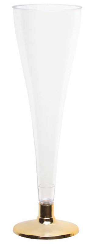 Champagneglas i klar plast med guldfarvet fod. 12 cl, 6 stk. pr. pakke – perfekt til bryllup, nytår og festlige skåle uden glasskår.