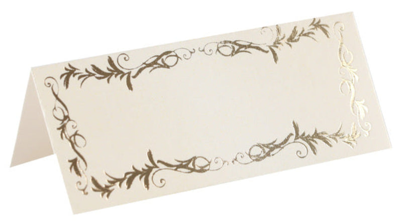 Bordkort i ivory med gulddetaljer. 7 x 3 cm, 10 stk. – perfekt til bryllup, dåb og klassisk festopdækning.
