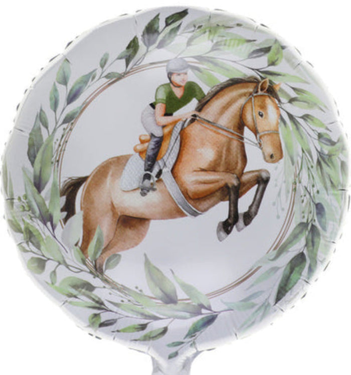 Rund folieballon med hestemotiv – ideel til fødselsdage og ride-temafester. Ø 45 cm, heliumvenlig. 1 stk. pr. pakke.