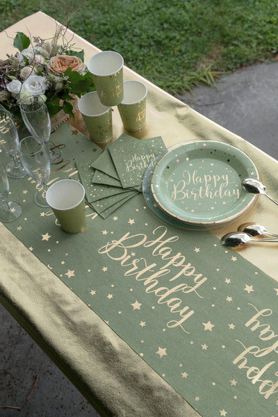 🎉 Happy Birthday bordløber – grøn med guldtekst – 3 Meter