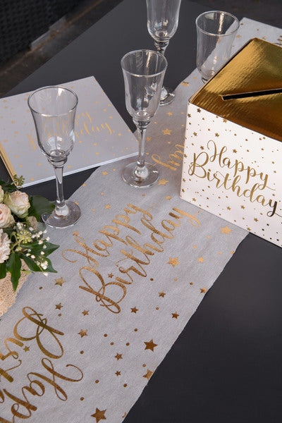 🎉 Happy Birthday bordløber – off white med guldtekst – 3 Meter