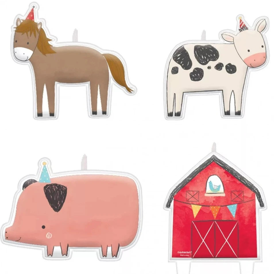 Bondegårdstema kagelys med ko, gris, hest og lade