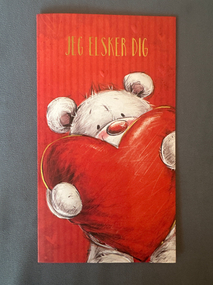 Lykønskningskort Jeg elsker dig, med bamse og rødt hjerte