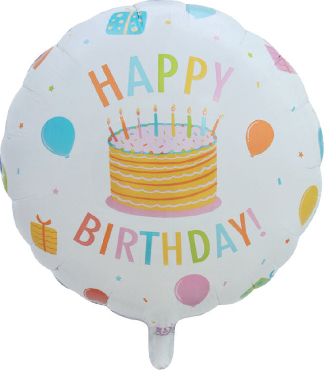 Farverig Happy Birthday folieballon (18”) med kage-design – perfekt til børnefødselsdage. Kan fyldes med luft eller helium.