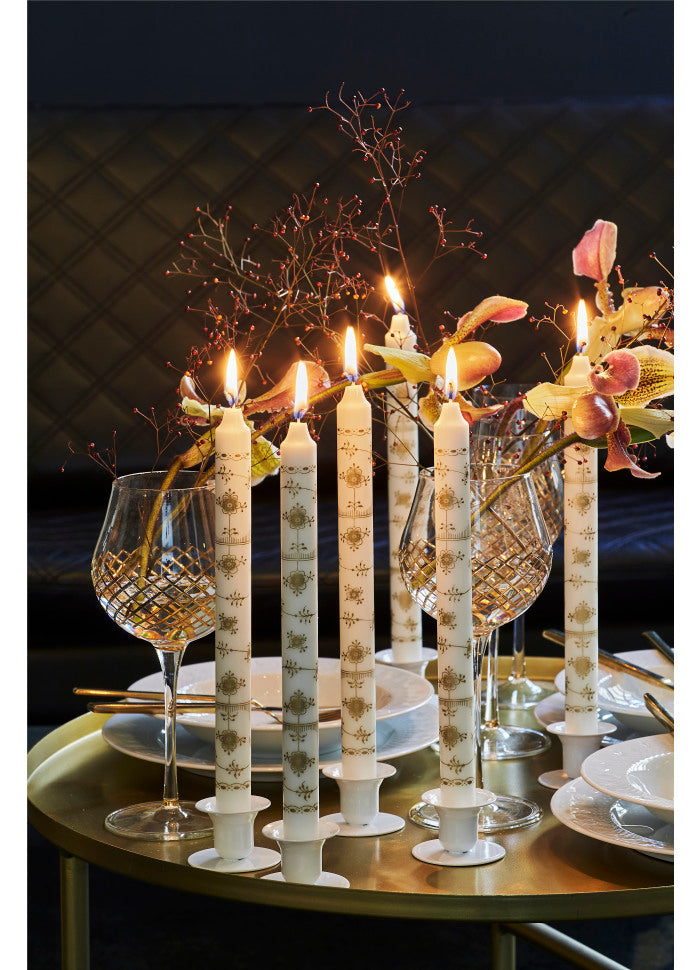 Musselmalede hvide lys med gulddekoration i gaveæske 30 cm/ 4 stk.