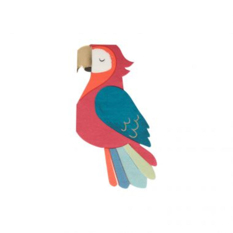 Farverige papegøje-servietter fra Meri Meri med guldfolie og 3-lags papir. Perfekt til temafester. Pakke med 16 stk.