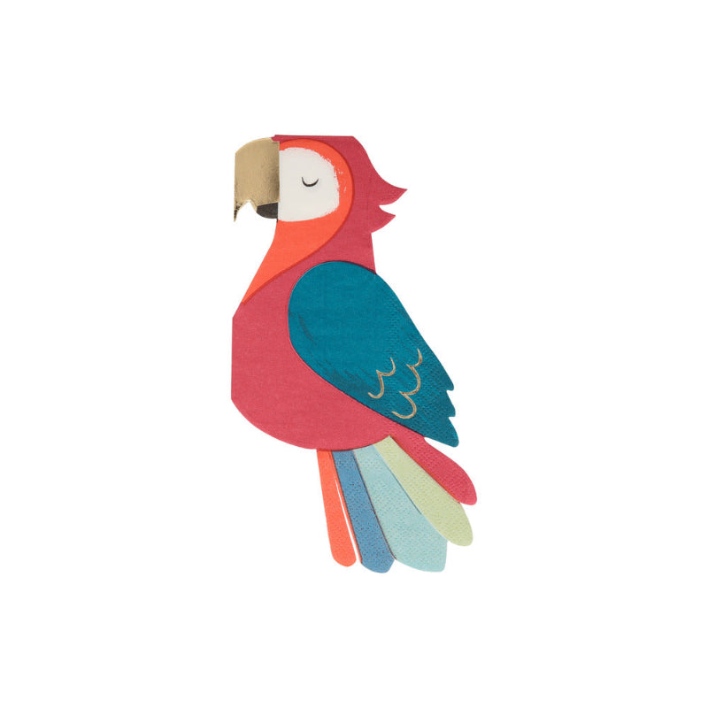 Farverige papegøje-servietter fra Meri Meri med guldfolie og 3-lags papir. Perfekt til temafester. Pakke med 16 stk.