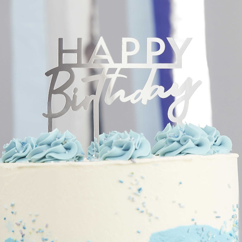 Caketopper i sølv- Pynt til din fødselsdagsakage emd teksten Happy Birthday