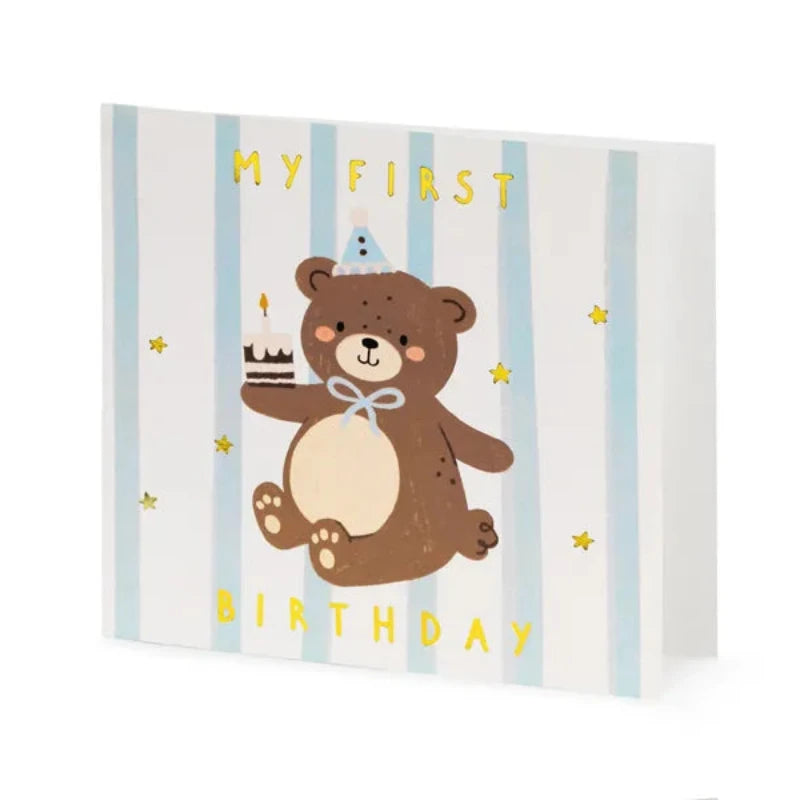 Bamse fødselsdagskort til 1 års fødselsdag med Bamse og guldtekst My first Birthday