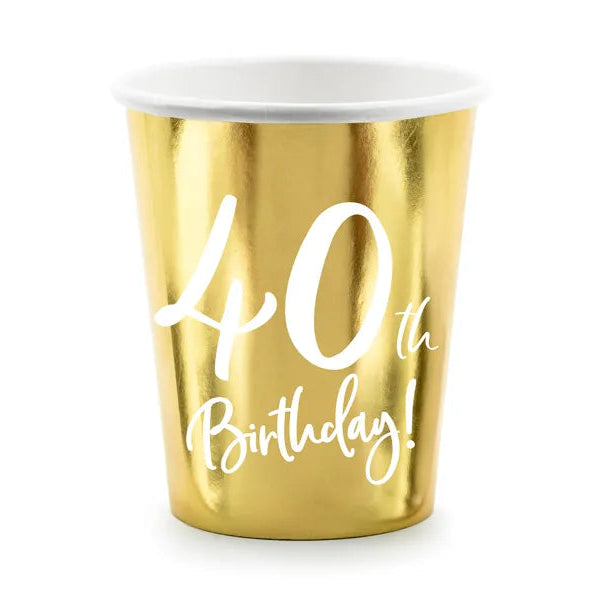 Papkrus i guld med teksten “40th Birthday!” – 220 ml. Perfekte til 40 års fødselsdag. 8 stk. i pakken.