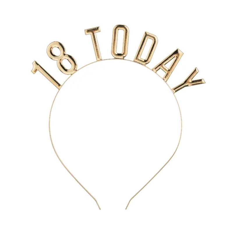 Metalhårbøjle med inskriptionen "18 Today" i guld. Perfekt til fødselsdagsfesten og som stilfuldt tilbehør. Køb nu!