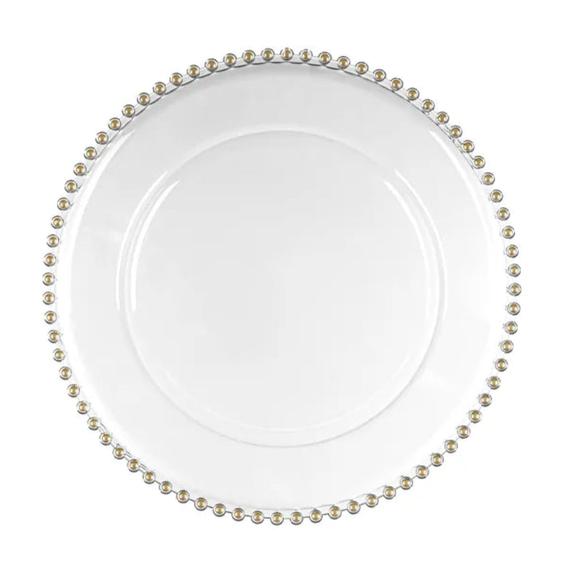 Transparent dekorativ tallerken med perlekant, 32 cm. Perfekt til elegante borddækninger og festmiddage.