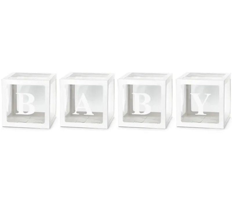 Ballonbokse med BABY-bogstaver – 4 stk. DIY dekoration
Ballonbokse med hvide BABY-bogstaver, 30x30 cm. Perfekt til babyshower eller barnedåb. Fyld med balloner og skab en smuk blikfangsdekoration.