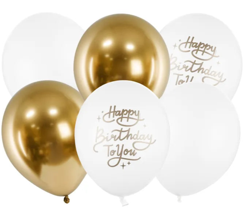Fejr fødselsdagen med stil! Dette sæt indeholder 6 stærke balloner i hvid og guld med teksten "Happy Birthday To You". Perfekte til en smuk og festlig dekoration. Diameter ca. 30 cm.