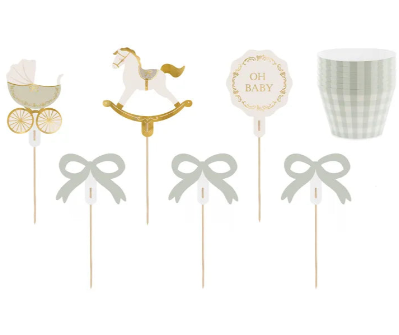 Oh Baby muffinpynt – 6 stk. dekosæt til babyshower
Muffin-sæt med grønternet forme og søde toppers. Perfekt til babyshower og barnedåb. Nem montering. Indeholder 6 forme og 6 pyntesticks.
