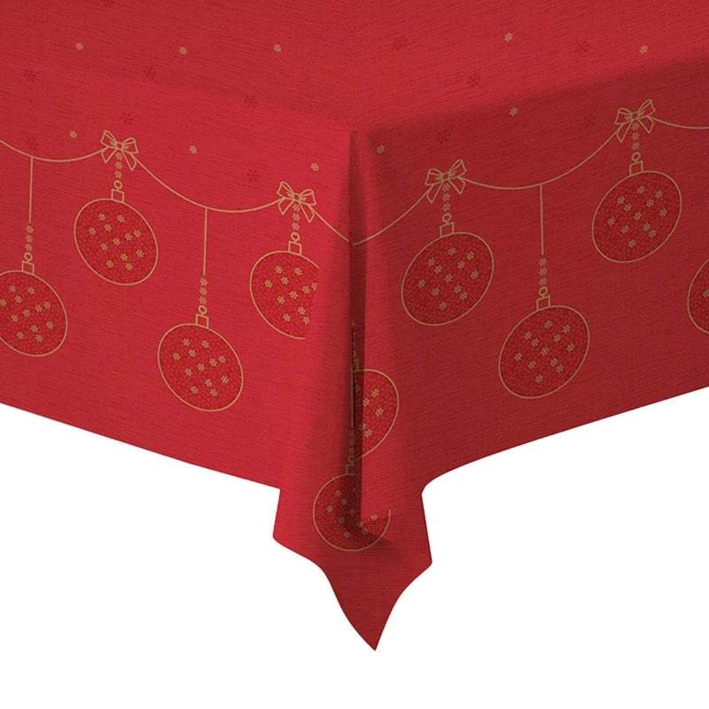Rød juleborddug med guld julekugler