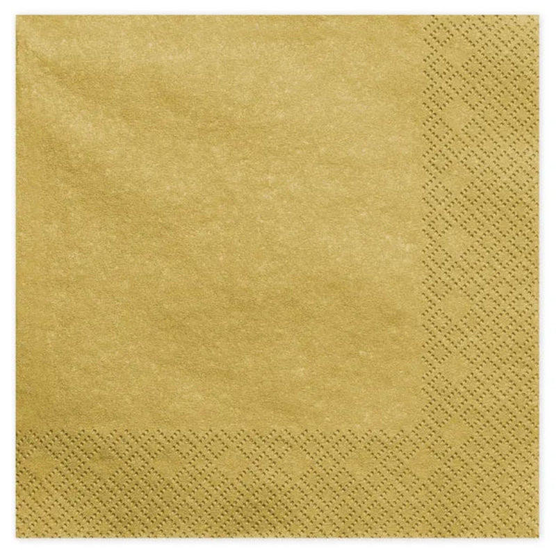 Elegante 3-lags servietter i guld metallic – ca. 40 x 40 cm. Perfekte til festlige borddækninger. 20 stk. pr. pakke.