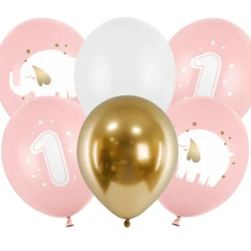 1 års fødselsdagsballoner i lyserød og guld med elefant og 1 tal