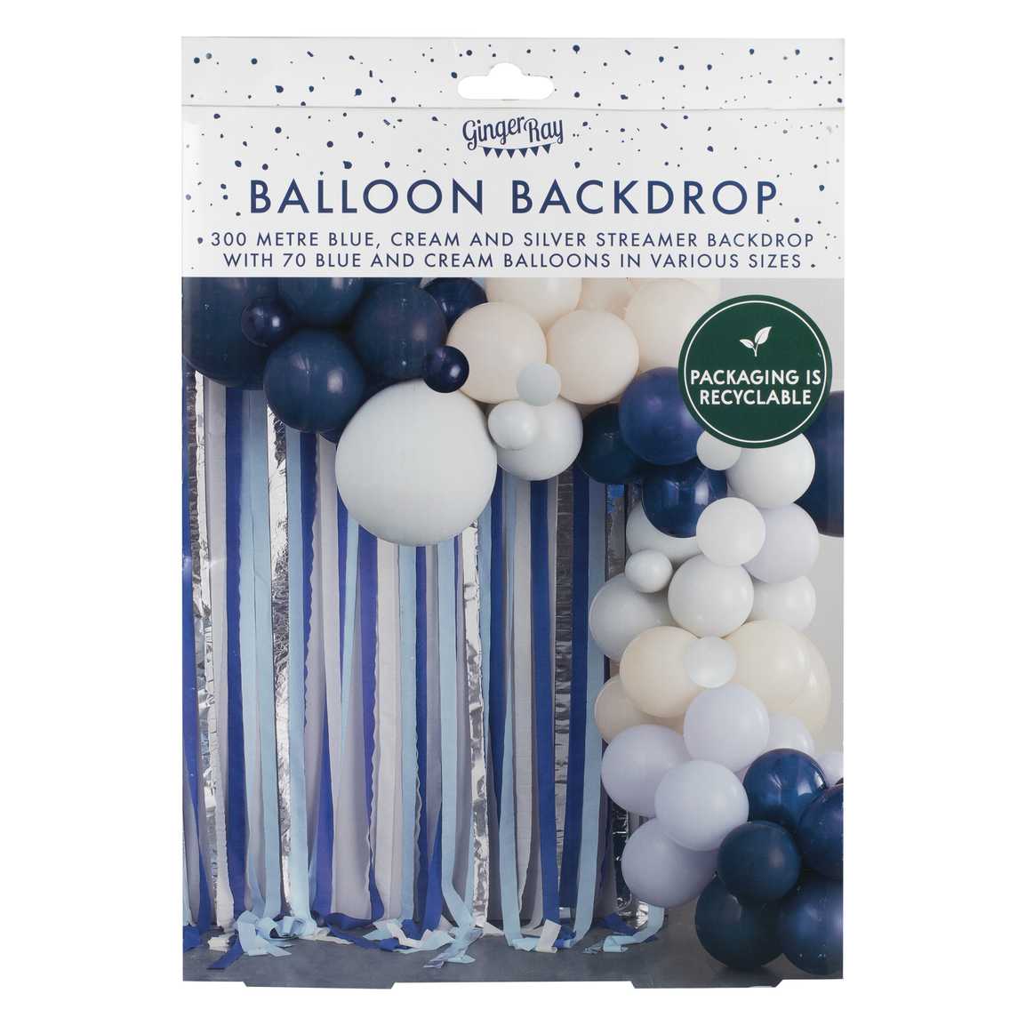 Blå & cremefarvet Ballonbue med sølvstreamers