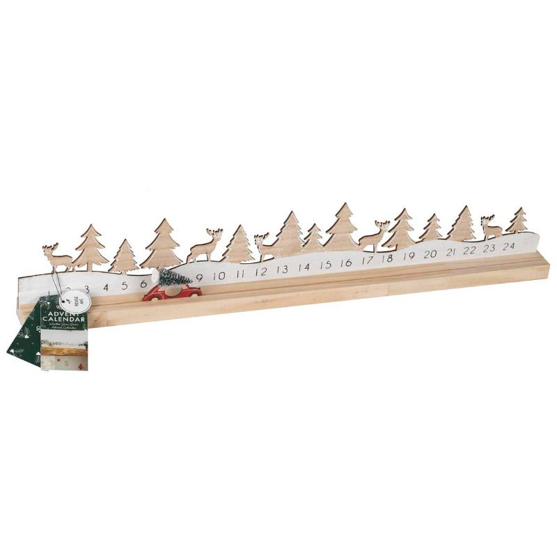 Genanvendelig julekalender i træ med flytbar bil med juletræ