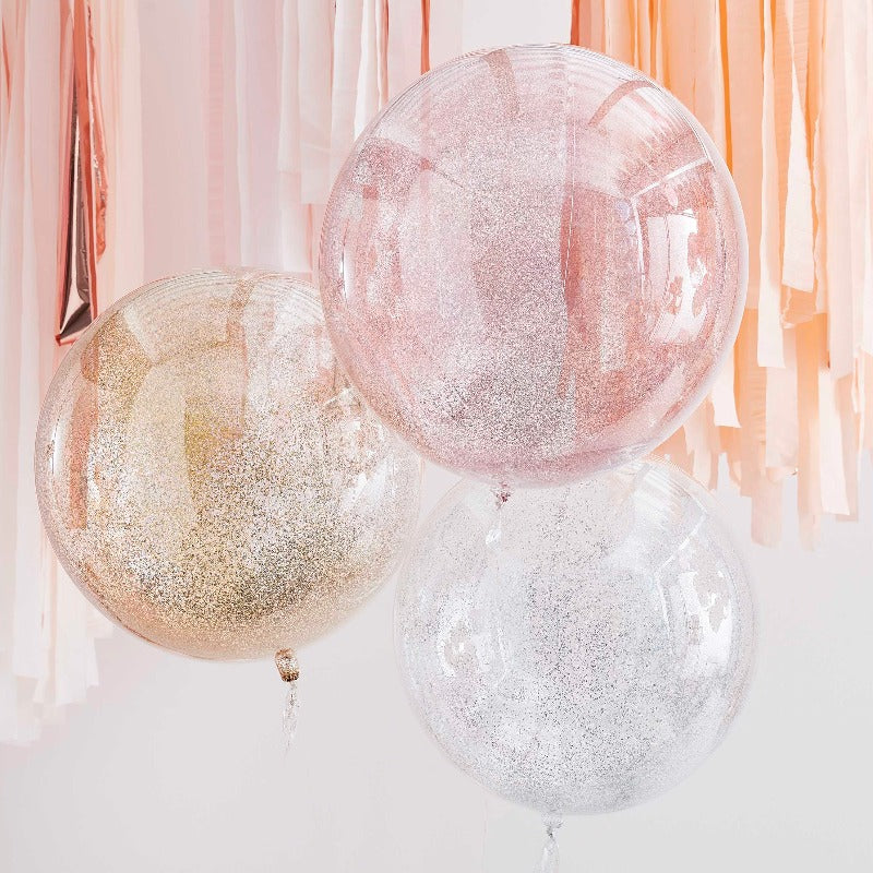 Glimmer konfetti balloner guld, sølv og rosa 3 stk.