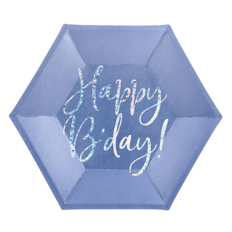 Fejr med stil! Navyblå papirtallerkener med holografisk tekst "Happy B'day!", 20 cm i diameter, 6 stk. pr. pakke. Køb til festen nu!