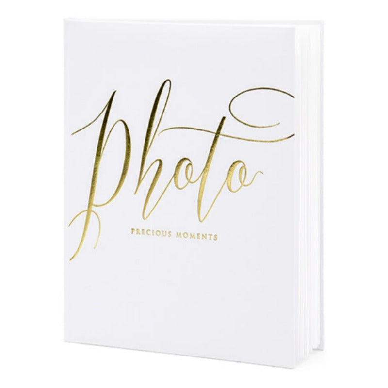 Fotoalbum i hvid med guldskrift 'Photo-Precious moments'