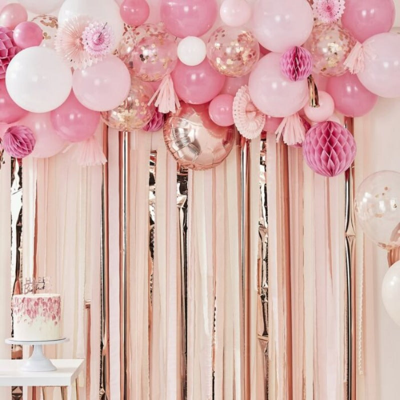 Ballonbue i Pink, rosa guld & hid. Honeycombs & rosetter