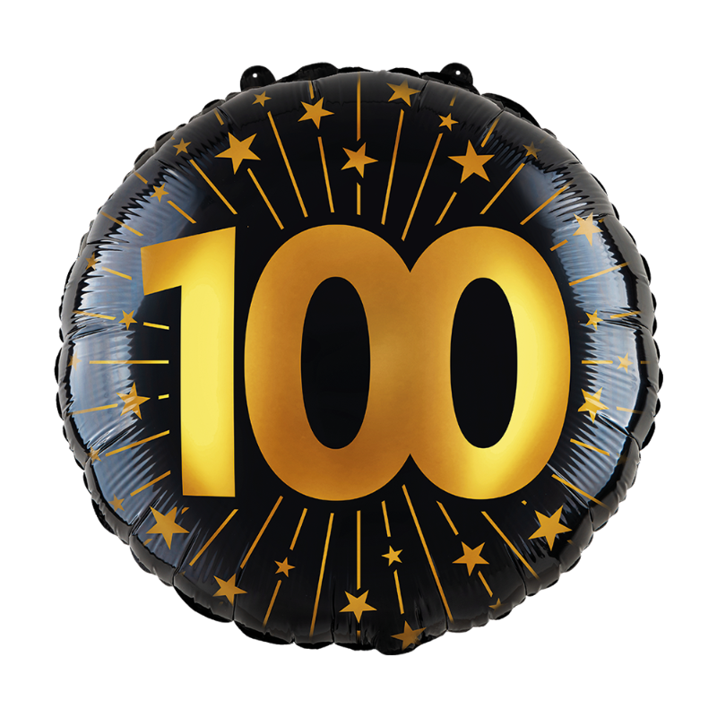 ✨ Folieballon 100 år sort med guldskrift – Elegant ballon med tallet “100” og stjerner. 45 cm. Kan fyldes med helium eller luft. Perfekt til 100-års fødselsdag eller jubilæum!