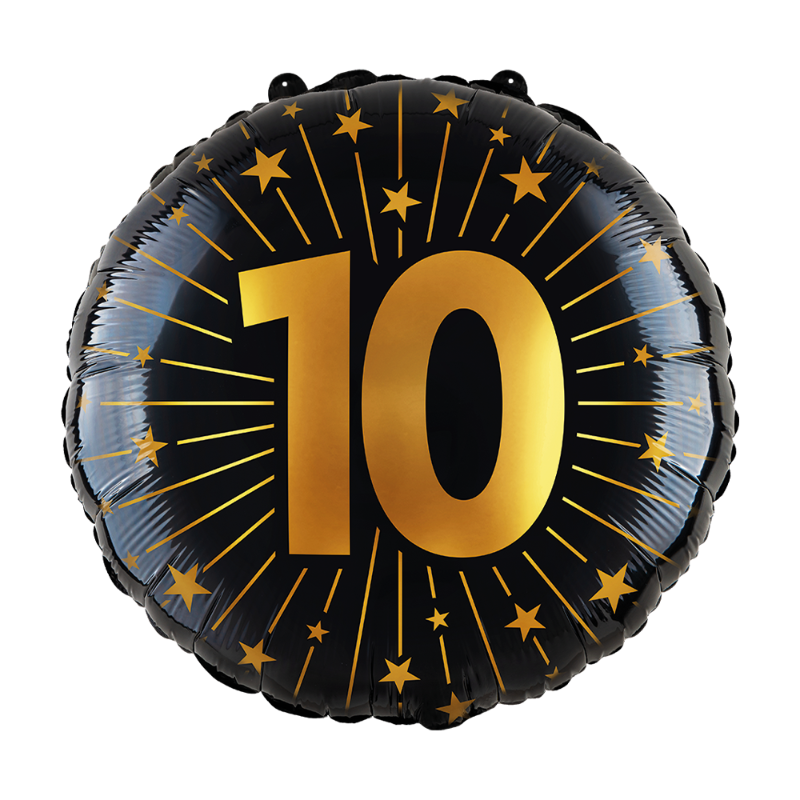 ✨ Folieballon 10 år sort med guldskrift – Elegant ballon med tallet “10” og stjerner. 45 cm. Kan fyldes med helium eller luft. Perfekt til 10-års fødselsdag!
