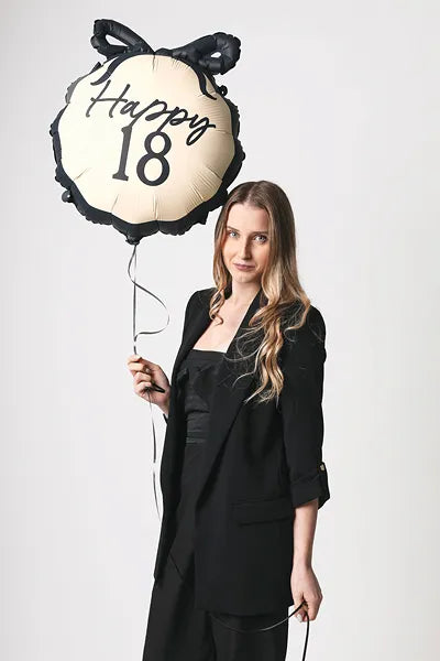 Happy 18th Birthday Ballon –  med sløjfe i sort/hvid