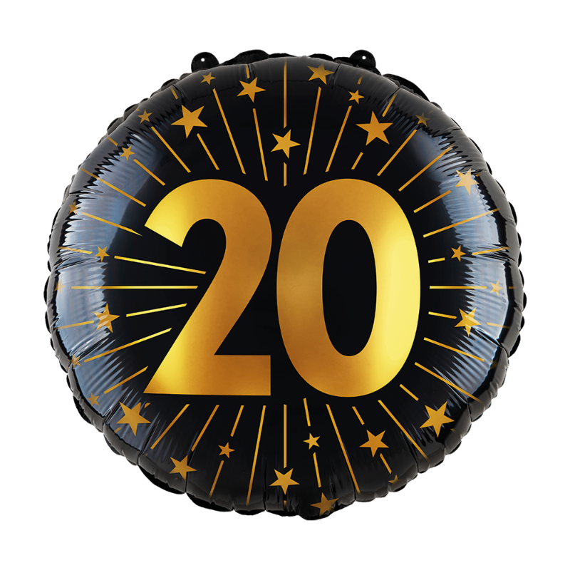 ✨ Folieballon 20 år sort med guldskrift – Elegant ballon med tallet “20” og stjerner. 45 cm. Kan fyldes med helium eller luft. Perfekt til 20-års fødselsdag!