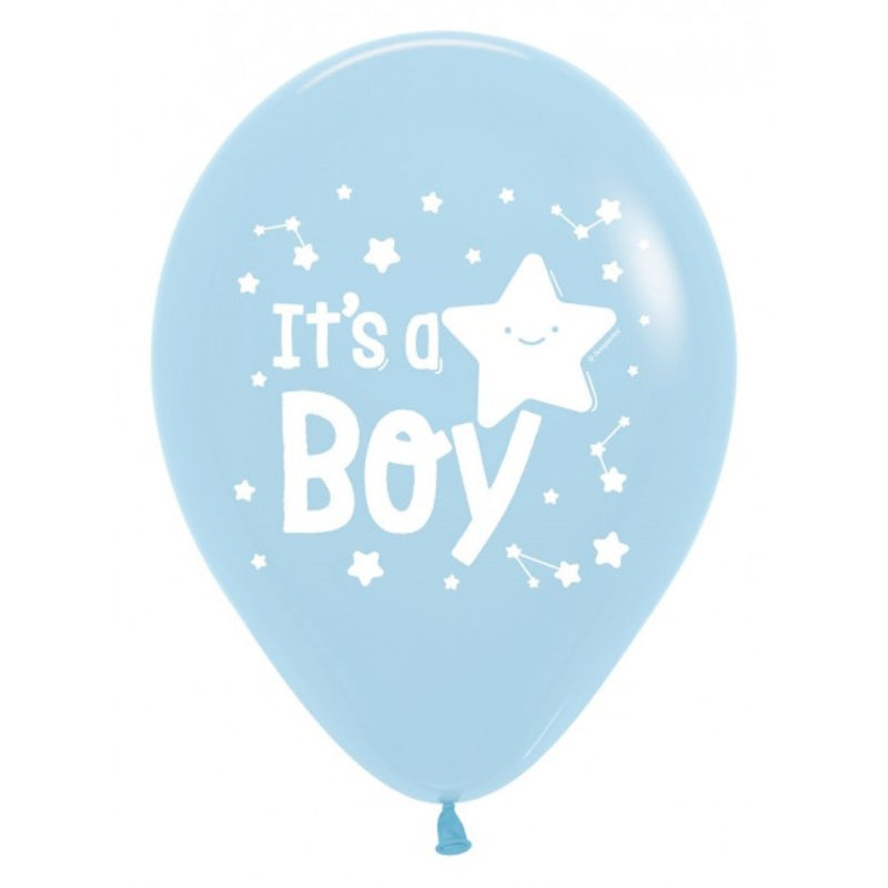 It's a boy balloner lyseblå med printet tekst. 30 cm 12 stk,