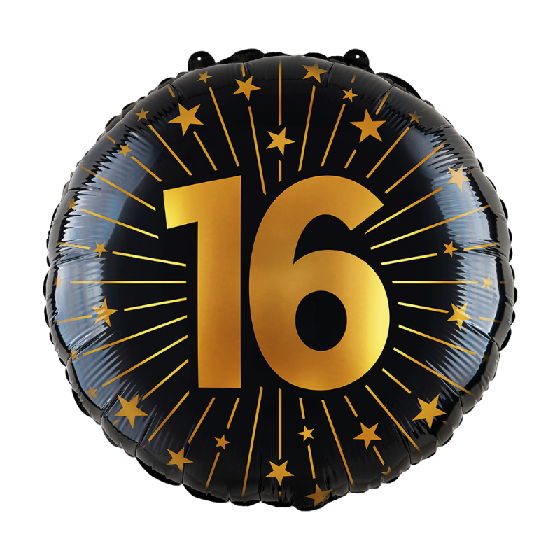 ✨ Folieballon 16 år sort med guldskrift – Elegant ballon med tallet “16” og stjerner. 45 cm. Kan fyldes med helium eller luft. Perfekt til 16-års fødselsdag!