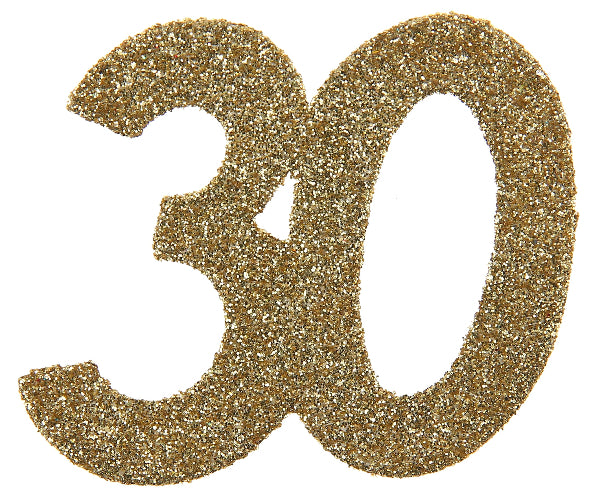 Festlig bordpynt “30 år” i guld med glitter – 6 stk. Perfekt til en elegant og gennemført borddækning til fødselsdag. ✨