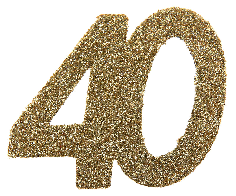 Festlig bordpynt “40 år” i guld med glitter – 6 stk. Perfekt til en elegant og gennemført borddækning til fødselsdag. ✨
