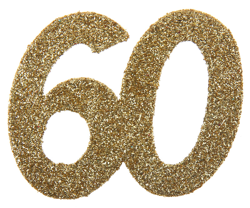  Festlig bordpynt “60 år” i guld med glitter – 6 stk. Perfekt til en elegant og gennemført borddækning til fødselsdag. ✨